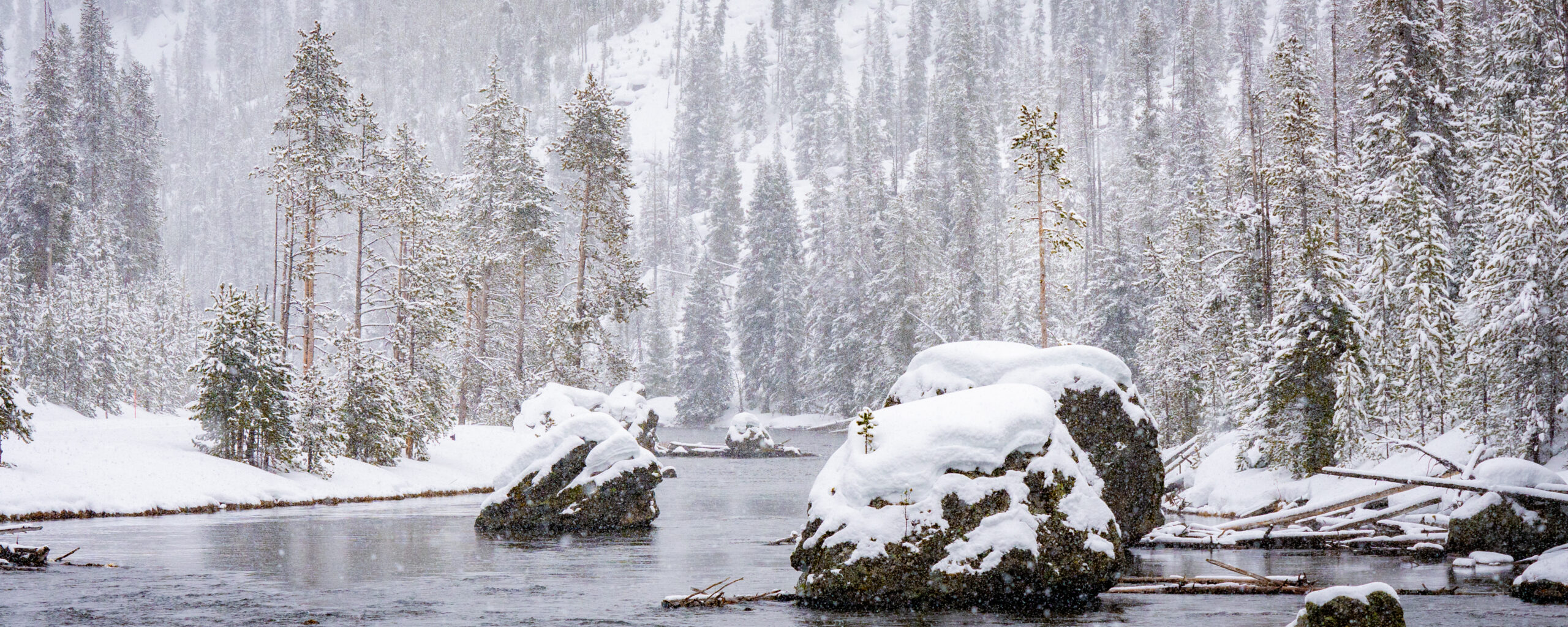 yellowstone winter tour with mountains and snowy river